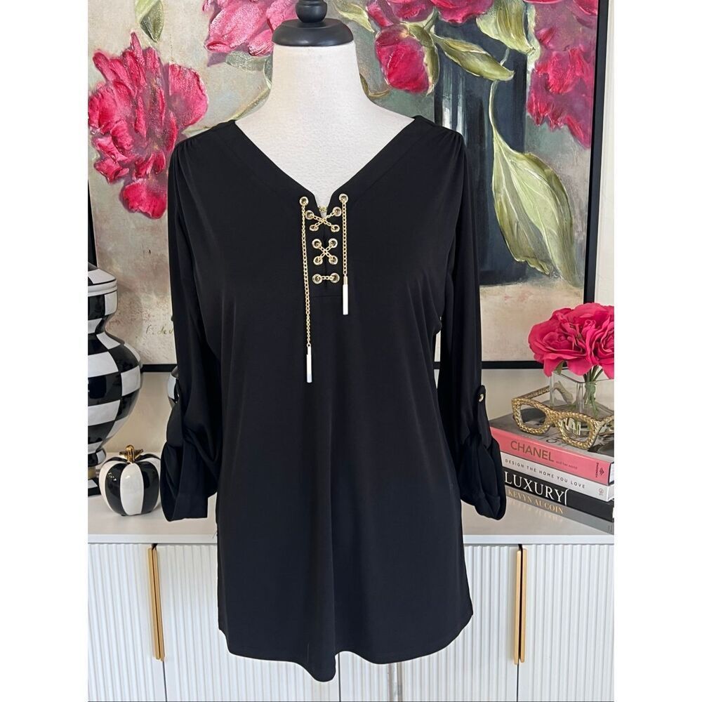 Belldini Women's Gold Chain Lace Up Roll Tab Sleeve Blouse Top Black Large NWT